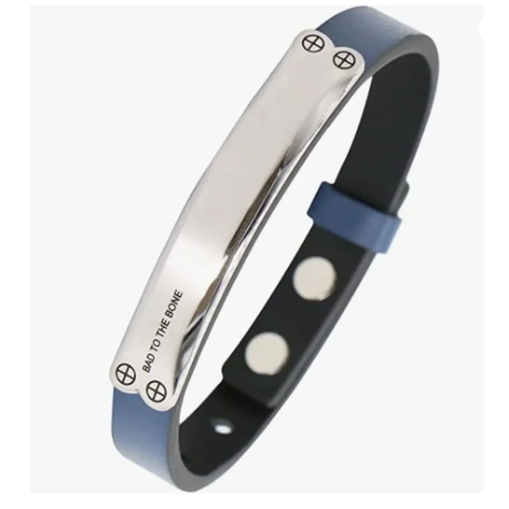 Men's Genuine BLUE Leather BAD TO THE BONE Adjustable Bracelet
